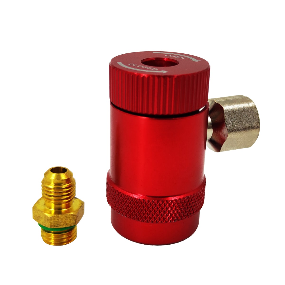 Быстросъёмная муфта для автокондиционера FavorCool QH-1234 с краном, 90°, 3/8 SAE female + переходник 1/4 SAE male, высокое давление