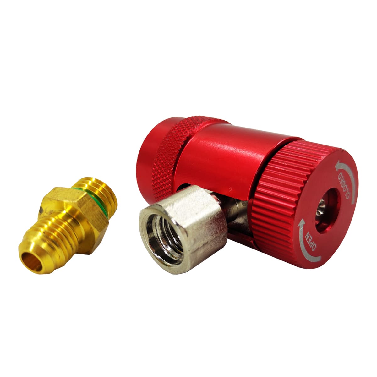 Быстросъёмная муфта для автокондиционера FavorCool QH-1234 с краном, 90°, 3/8 SAE female + переходник 1/4 SAE male, высокое давление