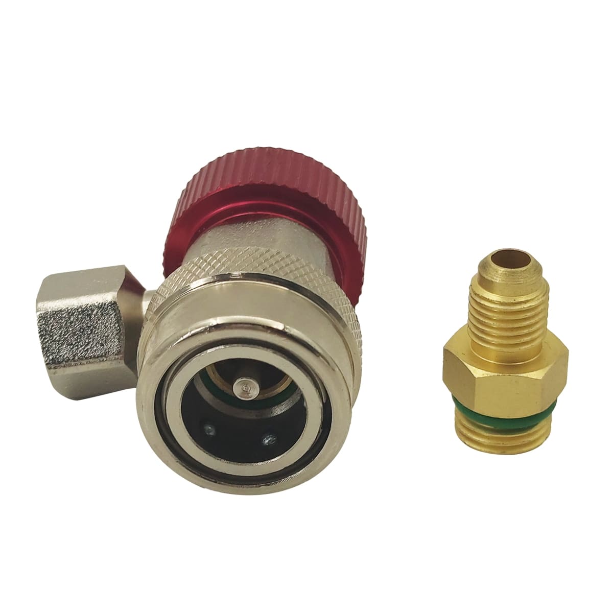 Быстросъемная муфта для автокондиционера FavorCool QC-H для R134а с краном, 3/8 SAE 90° female + переходник 1/4 SAE male, высокое давление
