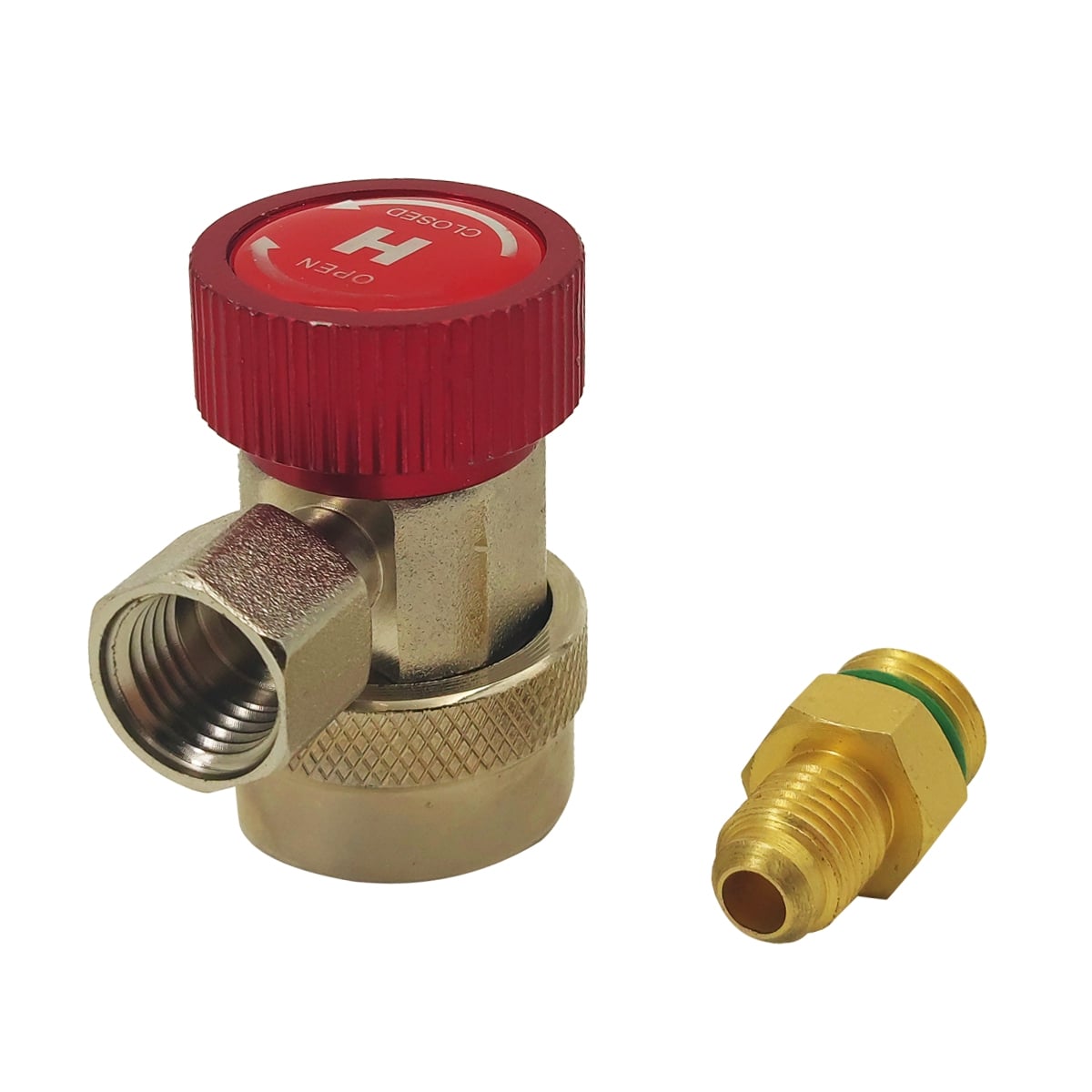 Быстросъемная муфта для автокондиционера FavorCool QC-H для R134а с краном, 3/8 SAE 90° female + переходник 1/4 SAE male, высокое давление