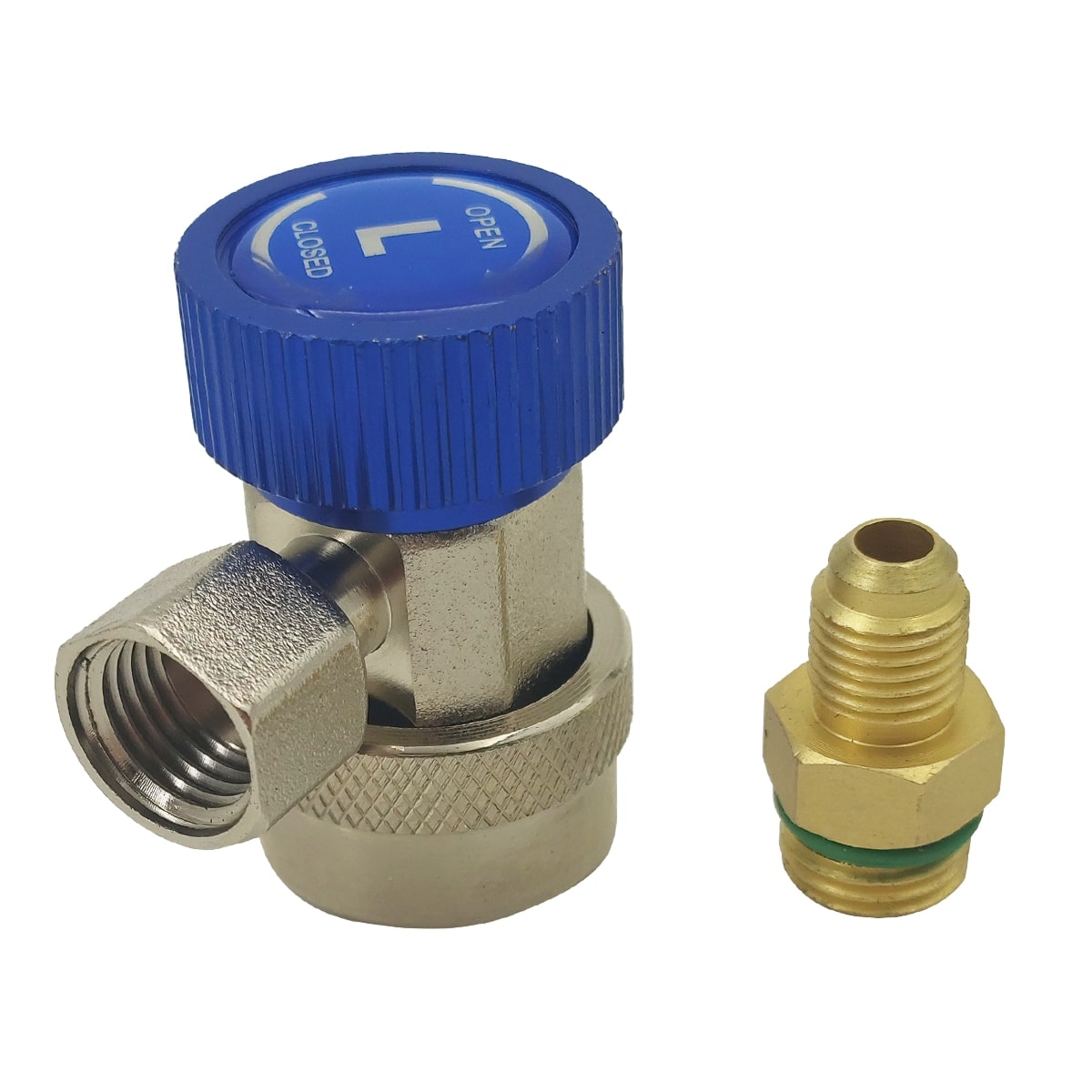 Быстросъемная муфта для автокондиционера FavorCool QC-L для R134а с краном, 3/8 SAE 90° female + переходник 1/4 SAE male, низкое давление