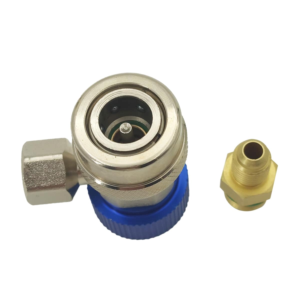 Быстросъемная муфта для автокондиционера FavorCool QC-L для R134а с краном, 3/8 SAE 90° female + переходник 1/4 SAE male, низкое давление