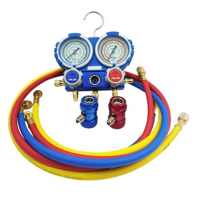 Манометрический коллектор двухвентильный Value VMG-2-R22-B+QC, для R22, R134a, R404a, R407c, быстросъемные муфты, шланги 120 см
