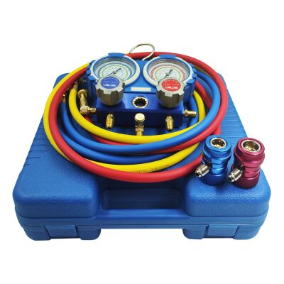 Манометрический коллектор двухвентильный Value VMG-2-R22-B+QC, для R22, R134a, R404a, R407c, быстросъемные муфты, шланги 120 см